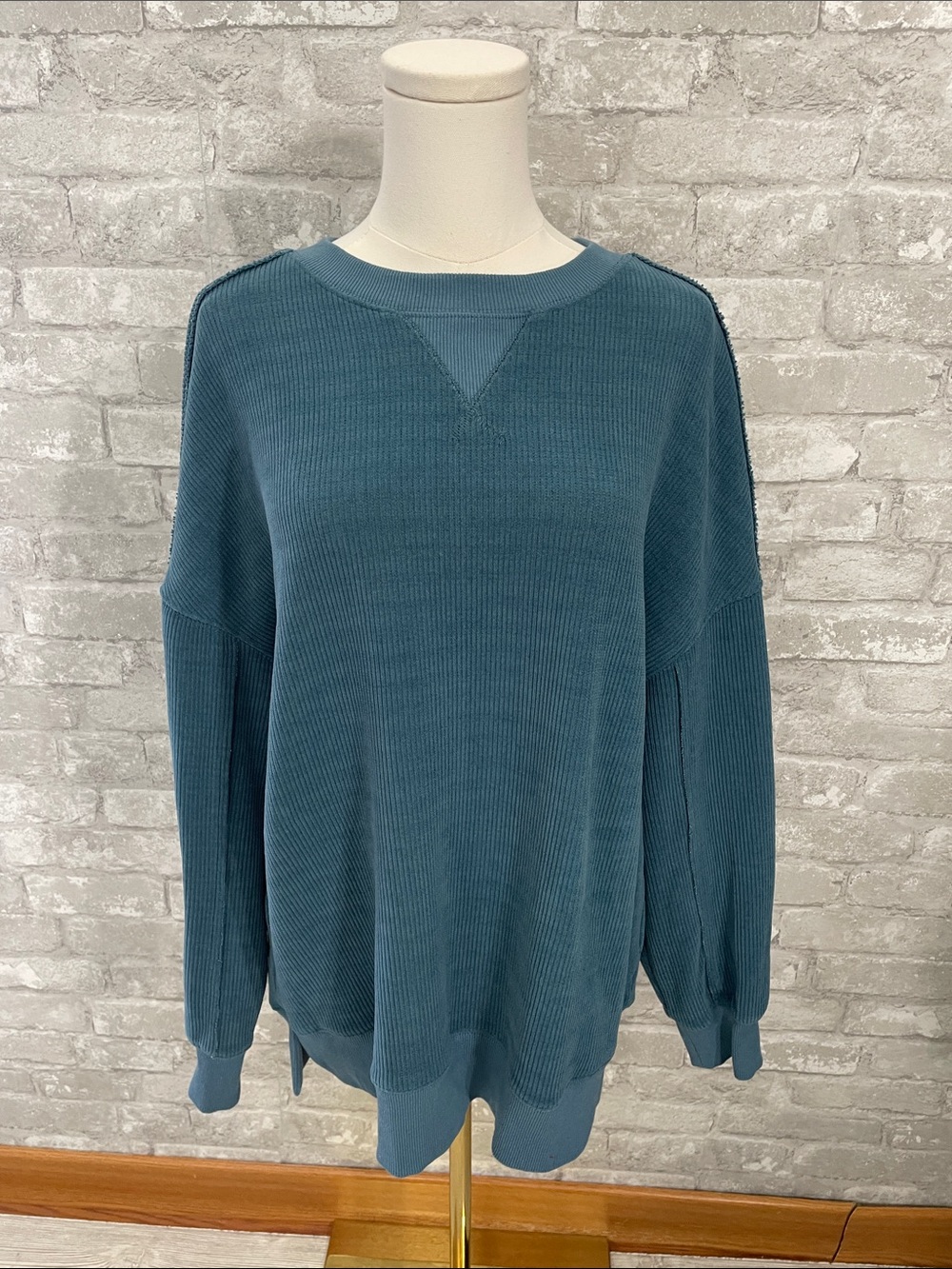 PrettyGarden Women's Teal Crewneck Ribbed Pullover Sweater